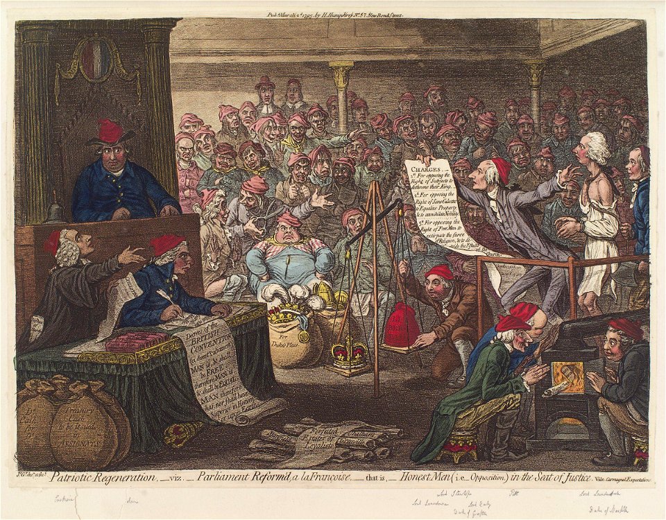 Patriotic regeneration, - viz. - Parliament reform'd, a la françois, - that is - honest men (ie - Opposition) in the seat of justice by James Gillray