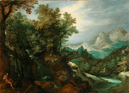 Paul Bril - A mountainous river landscape with a hermit