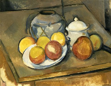 Paul Cézanne - Straw-Trimmed Vase, Sugar Bowl and Apples - Google Art Project. Free illustration for personal and commercial use.