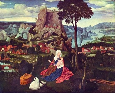Joachim Patinir, The Rest on The Flight into Egypt, 62 x 78 cm, Gemäldegalerie, Berlin. Free illustration for personal and commercial use.