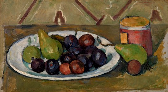 Paul Cézanne - Plate with Fruit and Pot of Preserves (Assiette avec fruits et pot de conserves) - BF50 - Barnes Foundation. Free illustration for personal and commercial use.