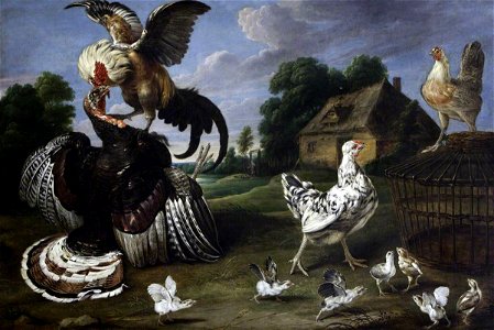 Paul de Vos (1591-1592 or 1595-1678) (and studio) - Barnyard Scene, a Cock Attacking a Turkey to Defend a Hen and Her Chicks - 533864 - National Trust