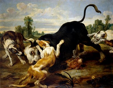 Paul de Vos - Bull subdued by dogs. Free illustration for personal and commercial use.