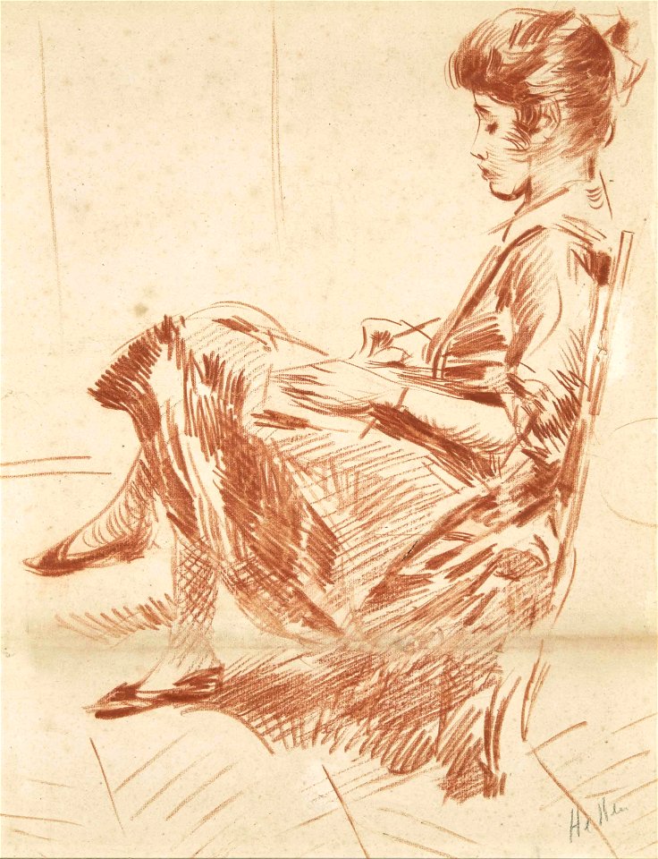 Paul César Helleu - Paulette reading while sitting on a chair