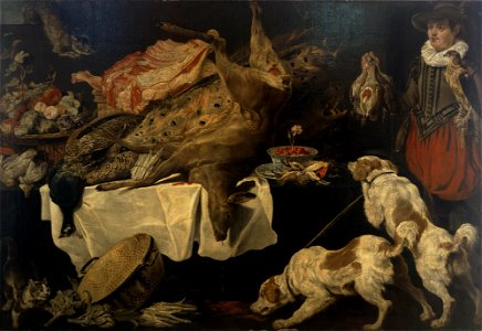 Paul de Vos - Hunter and Dogs by a Table with Dead Game and Fruit. Free illustration for personal and commercial use.