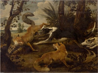 Paul de Vos - Wolfhounds and Two Foxes