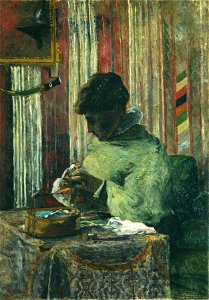 Paul Gauguin, 1880, The Embroiderer (La Brodeuse), oil on canvas, 116 x 81 cm, Foundation E.G. Bührle. Free illustration for personal and commercial use.