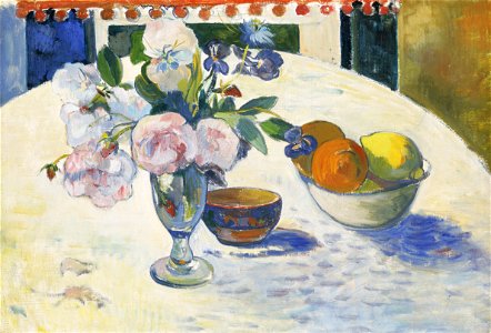 Paul Gauguin - Flowers and a Bowl of Fruit on a Table - Google Art Project. Free illustration for personal and commercial use.