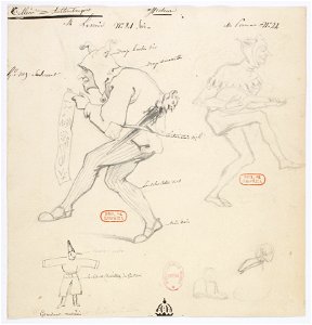 Paul Lormier - Costumes for Hector Berlioz's Benvenuto Cellini (1838) - Nos. 21bis.Saltimbanque, afficheur. M. Lenoir. 22. M. Ponceau. M. Gourdoux, musicien.