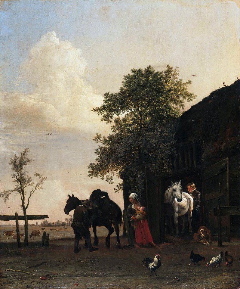 Paulus Potter - Figures with Horses by a Stable - WGA18206