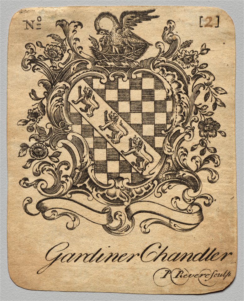 Paul Revere II (American, 1735-1818) - Bookplate, Coat of Arms with Gardiner Chandler inscribed below - 1918.159 - Cleveland Museum of Art