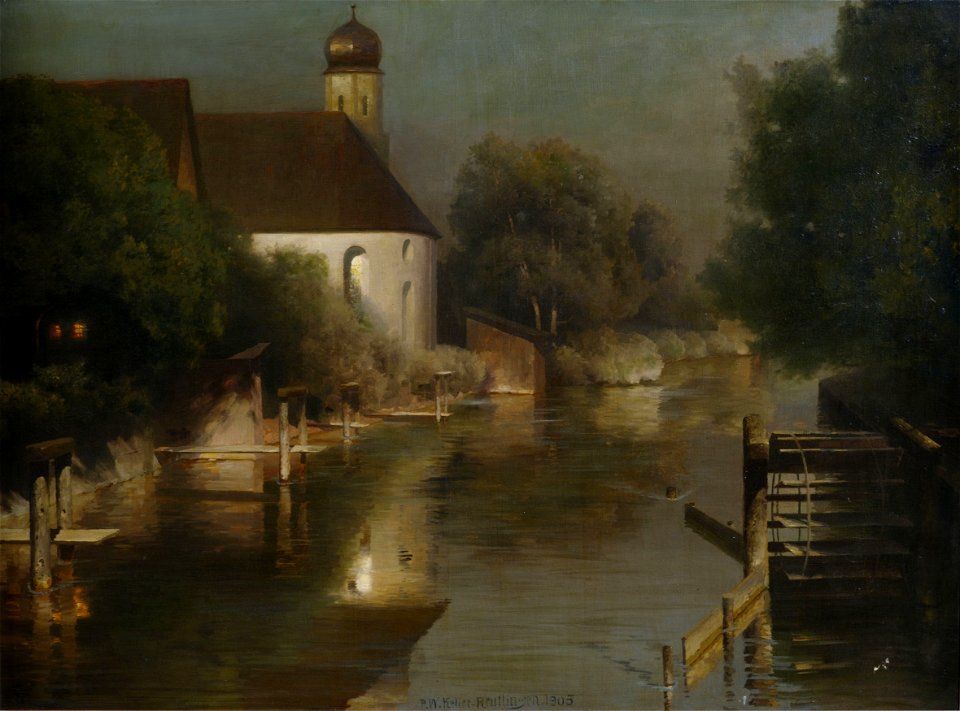 Paul Wilhelm Keller-Reutlingen Flusslauf mit Kapelle von Fürstenfeldbruck