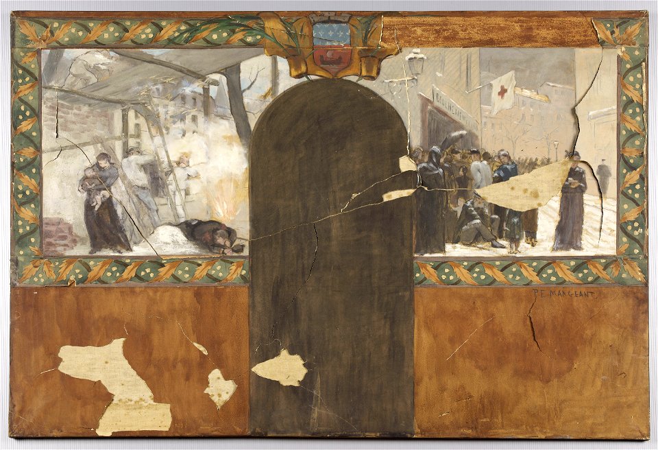 Paul-Emile Mangeant - Esquisse pour le cabinet du préfet à l'Hôtel de Ville de Paris , Le bombardement de Paris - La queue - PPP4100 - Musée des Beaux-Arts de la ville de Paris