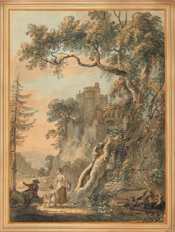 Paul Sandby - Romantic Landscape - Peasants at the foot of a castle on a crag - Google Art Project