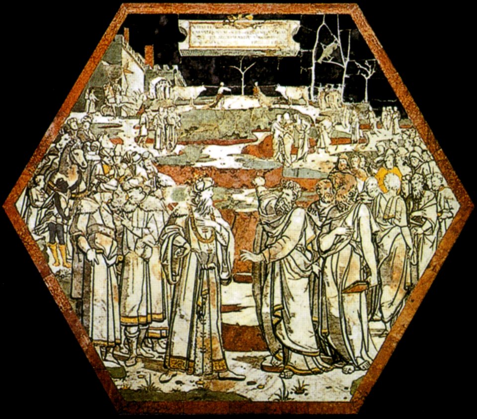 Pavimento di siena, esagono, patto tra elia e acab (beccafumi)