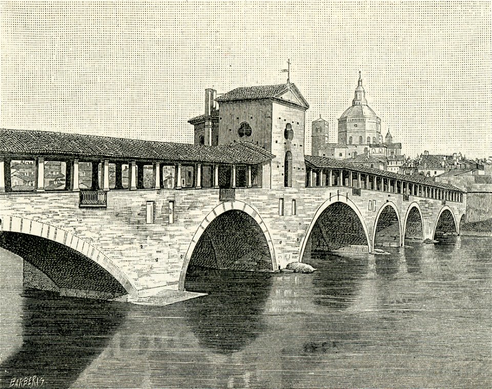 Pavia ponte coperto sul Ticino, xilografia di Barberis