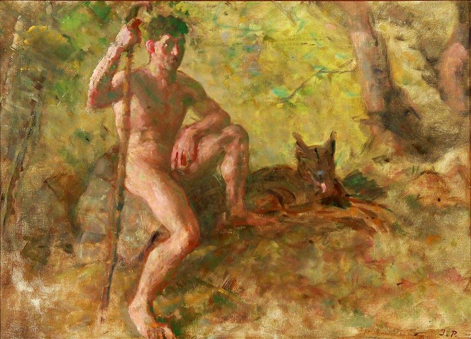 Julius Paulsen - A nude male with a dog in a forest