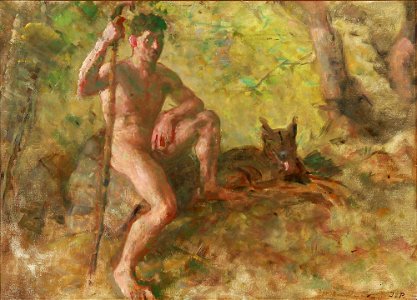 Julius Paulsen - A nude male with a dog in a forest