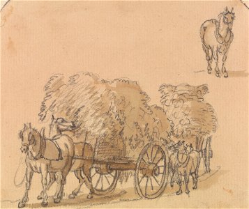 Paul Sandby - Two laden Hay Carts with Horses - Google Art Project. Free illustration for personal and commercial use.