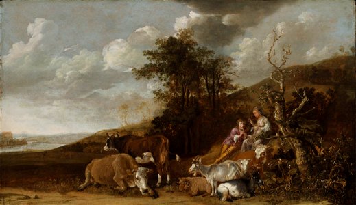 Paulus Potter - Landscape with Shepherdess and Shepherd Playing Flute - WGA18215