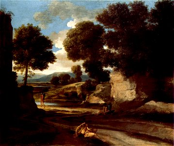Paysage avec des voyageurs au repos - Poussin - National Gallery London. Free illustration for personal and commercial use.