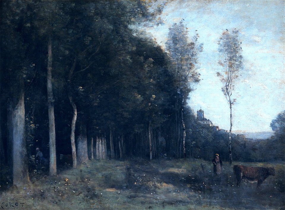 Paysage boisé en vue d'un village - Camille Corot