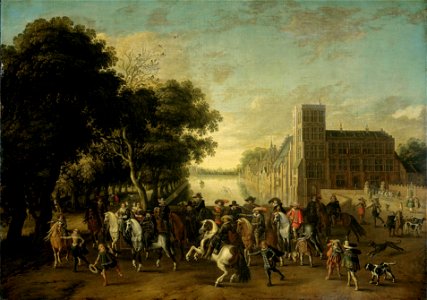 Pauwels van Hillegaert - Prins Maurits in gezelschap van o.a. prins Frederik Hendrik, Frederik V en diens vrouw Elizabeth Stuart, koning en koningin van Bohemen, op het Buitenhof in Den Haag