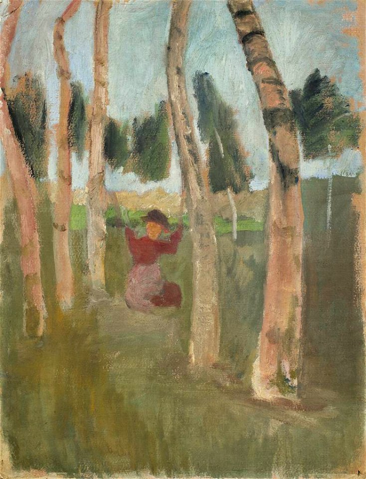 Paula Modersohn-Becker Birkenstämme mit schaukelndem Kind c1903