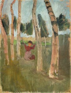 Paula Modersohn-Becker Birkenstämme mit schaukelndem Kind c1903