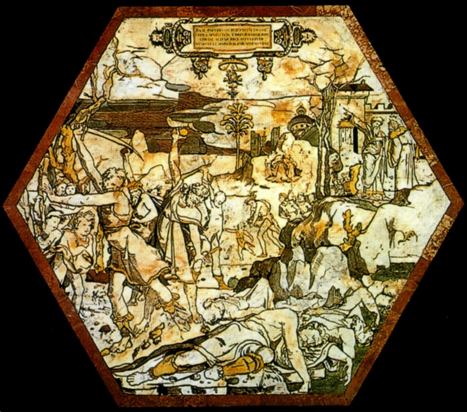 Pavimento di siena, esagono, uccisione dei sacerdoti di baal (beccafumi)