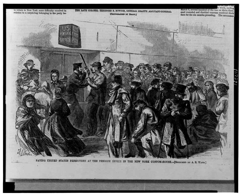 Paying United States pensioners at the Pension Office in the New York Custom-House - sketched by A.R. Waud. LCCN00652763