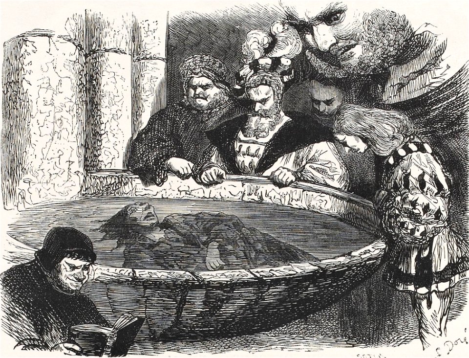 Paysan caché dans un bénitier - Chapitre XLV du Quart Livre illustré par Gustave Doré
