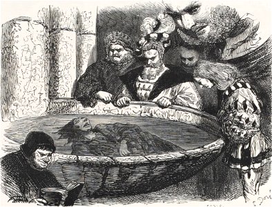 Paysan caché dans un bénitier - Chapitre XLV du Quart Livre illustré par Gustave Doré