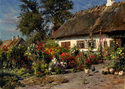 Peder Mønsted - A Cottage Garden with Chickens
