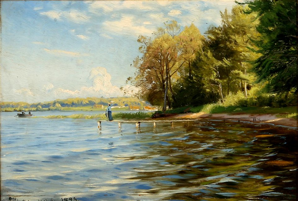 Peder Mønsted - Sommerdag ved Esrum Sø nær Nødebo med en kvinde, der vinker fra badebroen (1893)