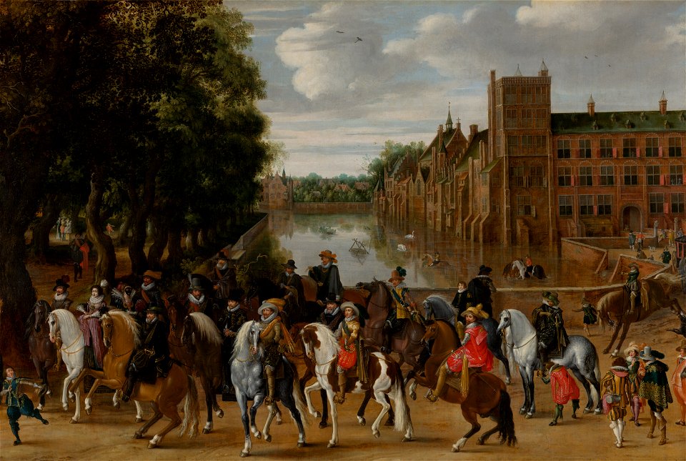 Pauwels van Hillegaert - De prinsen van Oranje met familieleden te paard, uitrijdend vanaf het Buitenhof, Den Haag - 546 - Mauritshuis