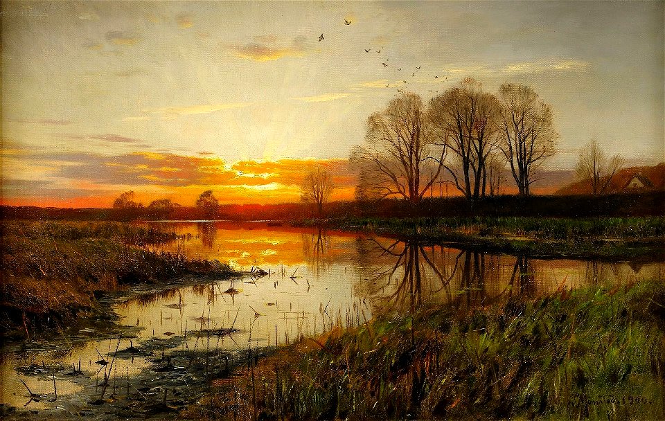 Peder Mønsted - Solnedgång över Vattendrag