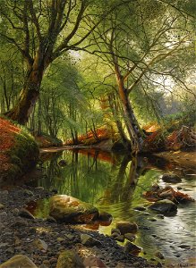 Peder Mønsted - A woodland stream. Free illustration for personal and commercial use.