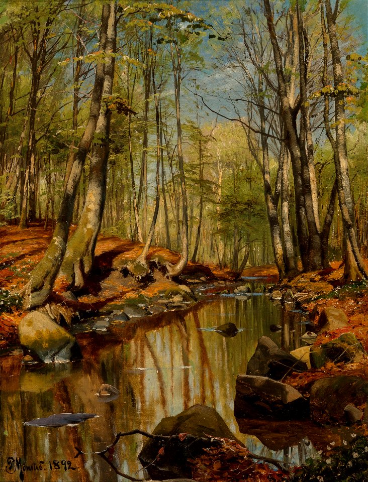 Peder Mønsted - A wooded river landscape