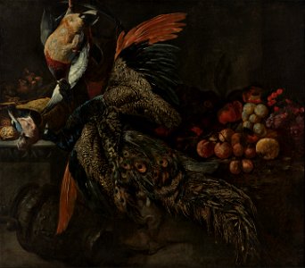 Peeter Boel - Jachtbuit met dode pauw, vruchten en een kat - St 101 - Museum Boijmans Van Beuningen