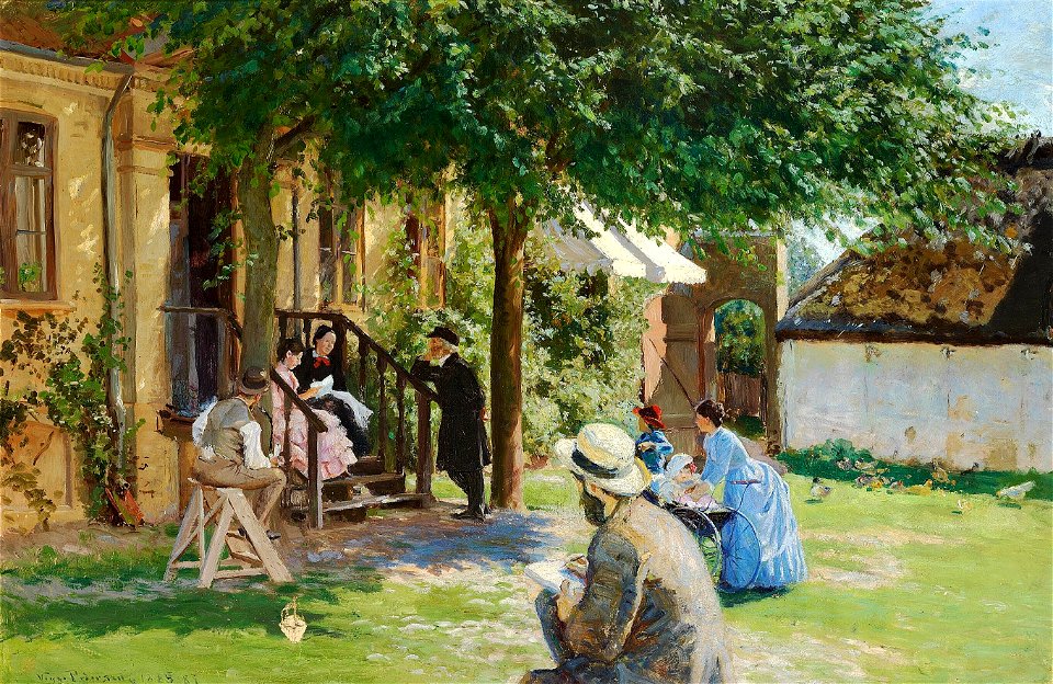 Viggo Pedersen - Sommerdag i haven. I forgrunden en kunstner i færd med at tegne de unge piger på trappen - 1887