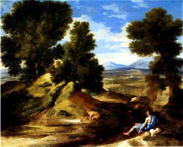 Paysage avec homme buvant - Poussin - National Gallery London. Free illustration for personal and commercial use.