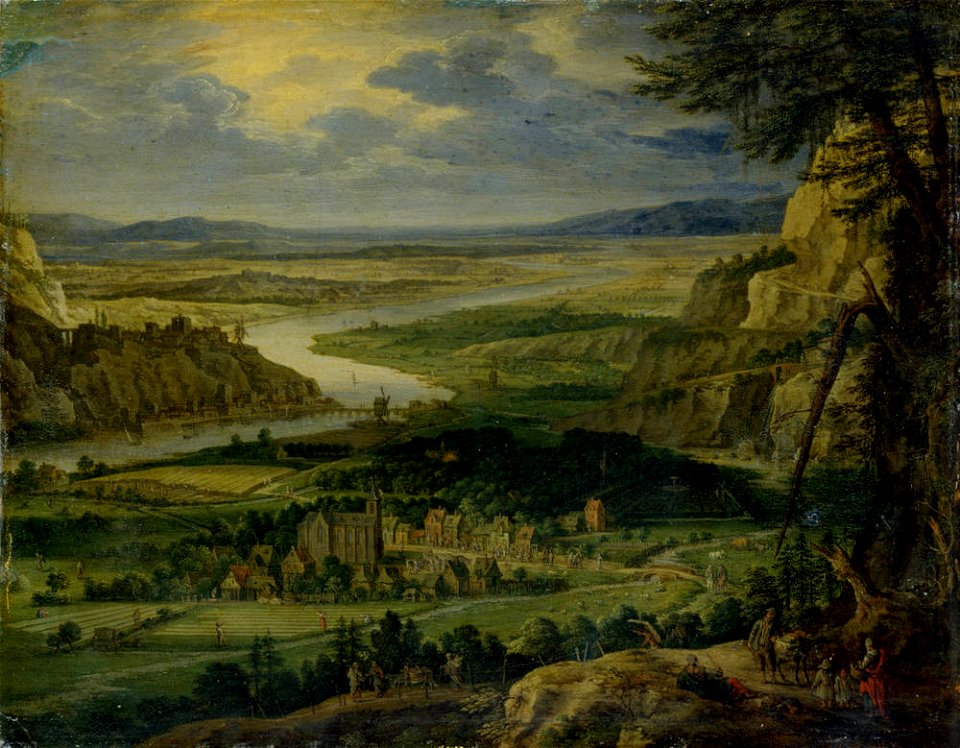 Peeter Gijsels - Rocky river valley with a village with a church and a windmill