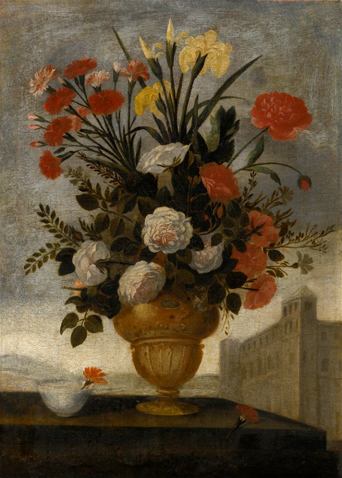 Pedro de Camprobín Still Life of Iris, Lilies, Roses and Carnations In Elaborate Urn 2