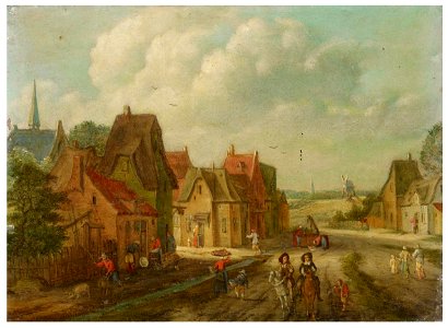 Peeter Gysels - Village road with two riders and farmers