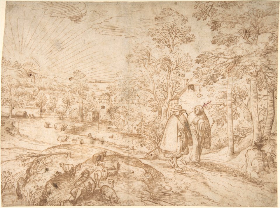 Peeter Baltens (Attr.) - Landscape with two pilgrims walking along a road