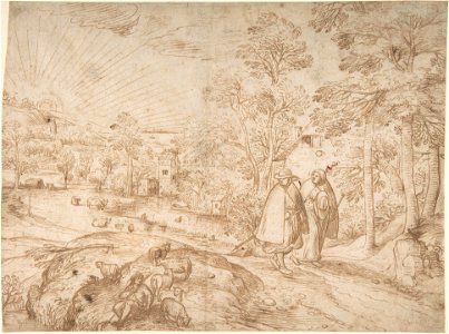 Peeter Baltens (Attr.) - Landscape with two pilgrims walking along a road