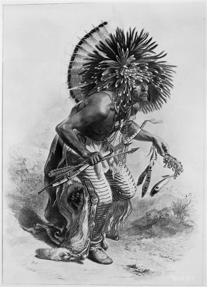 Pehriska-Ruhpa, full-length, standing, in the costume of the Dog Band of the Hidatsa, 1833 - NARA - 530979