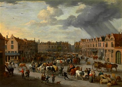 Peeter van Bredael - The Old Ox Market in Antwerp. Free illustration for personal and commercial use.