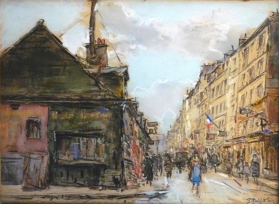 Pelletier P.J. - Pastel - Rue animée, Paris ou sa banlieue - 26.5x36cm